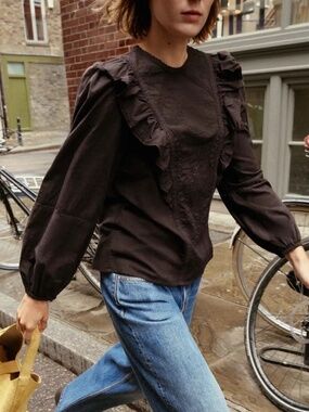 Zara Embroidered 100% Cotton Floral Ruffle Blouse Puff Sleeves Brown Breezy